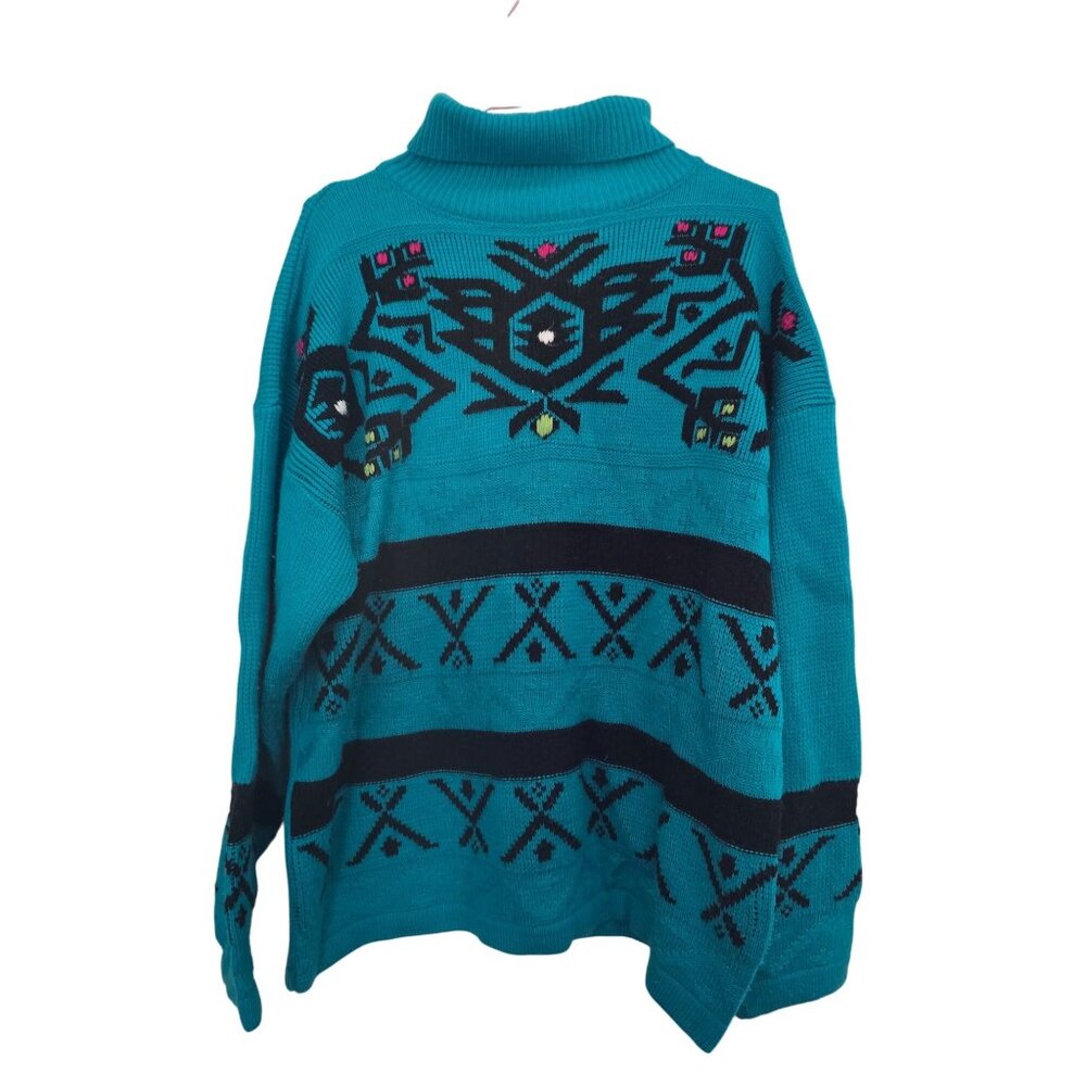 Vintage Gitano Teal Turtleneck Sweater With Aztec‎ Pattern - Size L - Acrylic